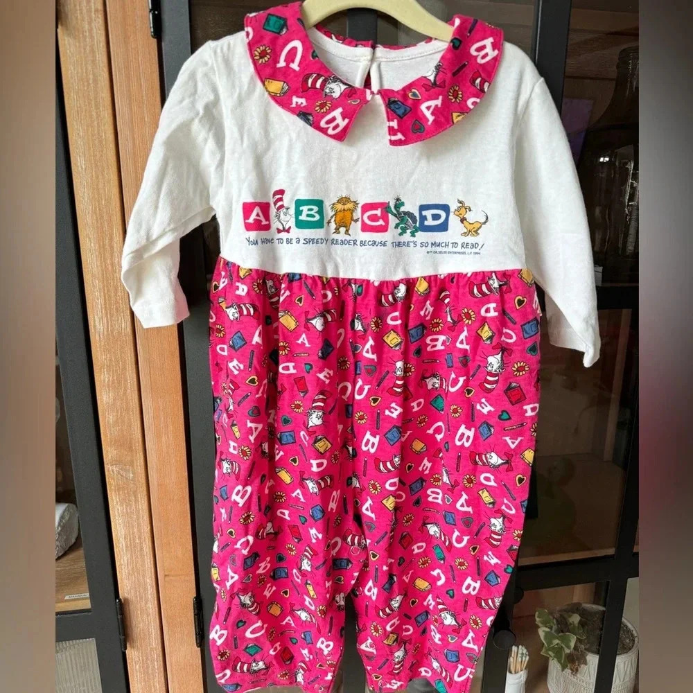 NWT Vintage Dr. Seuss romper baby toddler girl onesie collar 1990s outfit cat